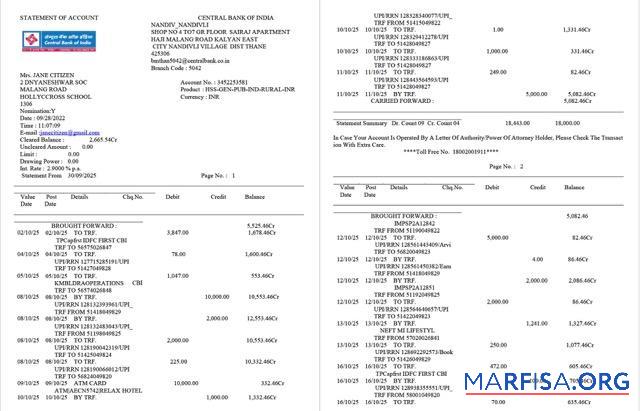 Printable India Central Bank of India statement of account word 2 pages example